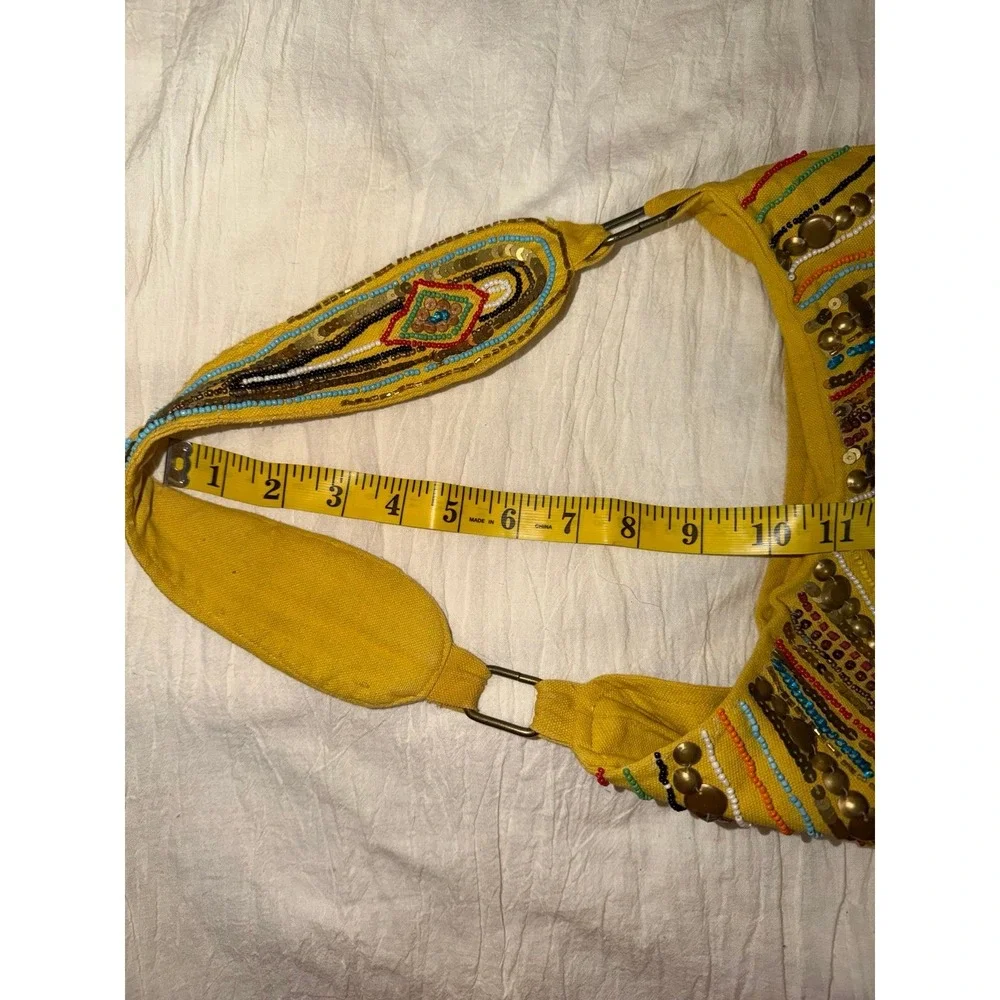 Vintage Nine West yellow canvas hobo bag sequin seed bead embellishment large